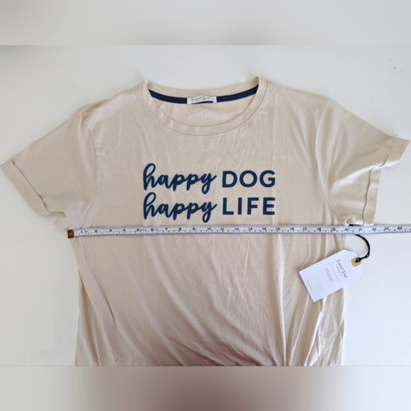 NWT Embroidered Cuffed Sleeves T Shirt WOMENS M/ L Happy Dog Happy Life Beige - Picture 7 of 13